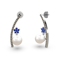 Inci, dumanlı kuvars ve lab safir 8 ayar beyaz altın küpe