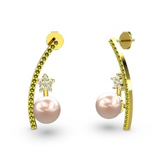 Lenta İnci Küpe - Pembe inci, peridot ve swarovski 925 ayar altın kaplama gümüş küpe #1jvyati