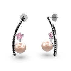 Lenta İnci Küpe - Pembe inci, siyah zirkon ve pembe kuvars 18 ayar beyaz altın küpe #1k1ddng