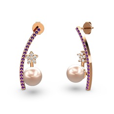 Lenta İnci Küpe - Pembe inci, ametist ve beyaz zirkon 14 ayar rose altın küpe #1km2cbu