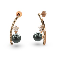 Siyah inci, dumanlı kuvars ve swarovski 8 ayar rose altın küpe