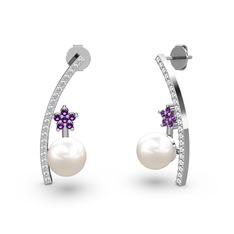 Lenta İnci Küpe - Inci, pırlanta ve ametist 18 ayar beyaz altın küpe (0.18 karat) #1l29j1q