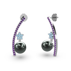 Lenta İnci Küpe - Siyah inci, ametist ve akuamarin 925 ayar gümüş küpe #1lrpaeb