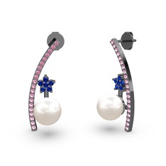 Lenta İnci Küpe - Inci, pembe kuvars ve lab safir 925 ayar siyah rodyum kaplama gümüş küpe #1mf1eto