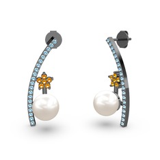 Lenta İnci Küpe - Inci, akuamarin ve sitrin 925 ayar siyah rodyum kaplama gümüş küpe #1mul5nb