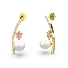 Inci, swarovski ve pembe kuvars 925 ayar altın kaplama gümüş küpe