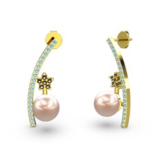 Lenta İnci Küpe - Pembe inci, akuamarin ve dumanlı kuvars 14 ayar altın küpe #1n5p465