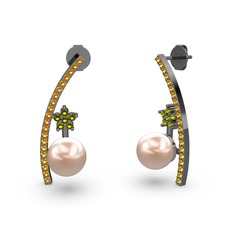 Lenta İnci Küpe - Pembe inci, sitrin ve peridot 925 ayar siyah rodyum kaplama gümüş küpe #1n7zlp1