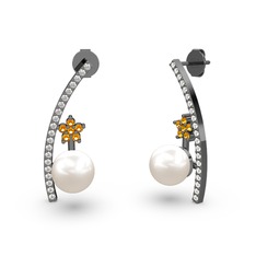 Lenta İnci Küpe - Inci, beyaz zirkon ve sitrin 925 ayar siyah rodyum kaplama gümüş küpe #1nace6i