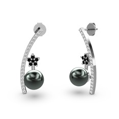 Siyah inci, swarovski ve siyah zirkon 14 ayar beyaz altın küpe
