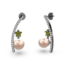 Lenta İnci Küpe - Pembe inci, swarovski ve peridot 925 ayar siyah rodyum kaplama gümüş küpe #1nennov