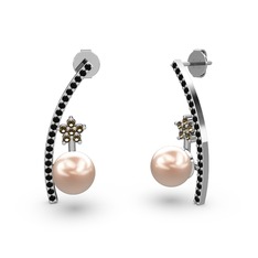 Lenta İnci Küpe - Pembe inci, siyah zirkon ve dumanlı kuvars 18 ayar beyaz altın küpe #1o2yqlh