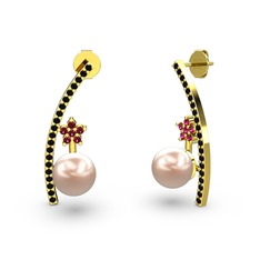 Pembe inci, siyah zirkon ve rodolit garnet 14 ayar altın küpe