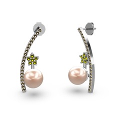 Lenta İnci Küpe - Pembe inci, dumanlı kuvars ve peridot 18 ayar beyaz altın küpe #1oir0sa