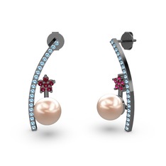 Lenta İnci Küpe - Pembe inci, akuamarin ve rodolit garnet 925 ayar siyah rodyum kaplama gümüş küpe #1oqzyu2