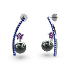 Lenta İnci Küpe - Siyah inci, lab safir ve ametist 8 ayar beyaz altın küpe #1ovbaok