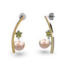 Lenta İnci Küpe - Pembe inci, sitrin ve peridot 18 ayar beyaz altın küpe #1oy7anb