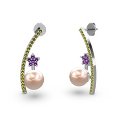 Lenta İnci Küpe - Pembe inci, peridot ve ametist 18 ayar beyaz altın küpe #1oyg9n1