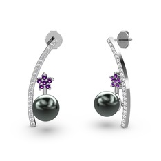 Lenta İnci Küpe - Siyah inci, swarovski ve ametist 925 ayar gümüş küpe #1p1g0a6