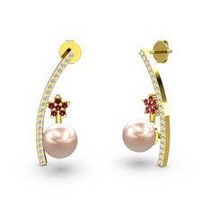 Lenta İnci Küpe - Pembe inci, beyaz zirkon ve rodolit garnet 14 ayar altın küpe #1p3668u