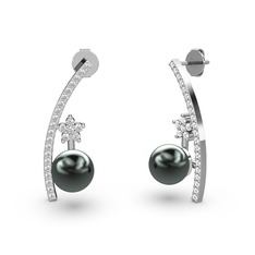 Lenta İnci Küpe - Siyah inci, beyaz zirkon ve swarovski 925 ayar gümüş küpe #1p8bbmi