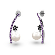 Inci, ametist ve siyah zirkon 8 ayar beyaz altın küpe