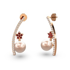 Pembe inci, beyaz zirkon ve garnet 8 ayar rose altın küpe