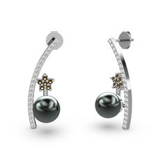 Lenta İnci Küpe - Siyah inci, swarovski ve dumanlı kuvars 18 ayar beyaz altın küpe #1q9il5o