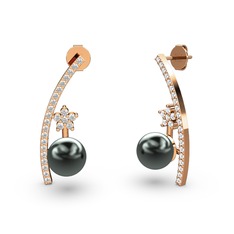 Lenta İnci Küpe - Siyah inci, swarovski ve beyaz zirkon 925 ayar rose altın kaplama gümüş küpe #1qnleky