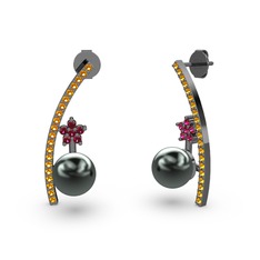 Lenta İnci Küpe - Siyah inci, sitrin ve rodolit garnet 925 ayar siyah rodyum kaplama gümüş küpe #1robgsq