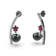 Lenta İnci Küpe - Siyah inci, swarovski ve rodolit garnet 925 ayar siyah rodyum kaplama gümüş küpe #1rua31s