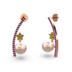 Lenta İnci Küpe - Pembe inci, ametist ve peridot 14 ayar rose altın küpe #1sm5hbf