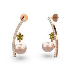 Lenta İnci Küpe - Pembe inci, pırlanta ve peridot 8 ayar rose altın küpe (0.18 karat) #1tz4jba