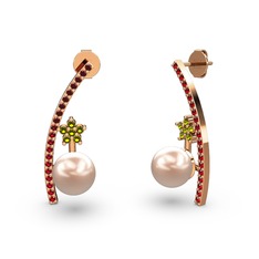 Lenta İnci Küpe - Pembe inci, garnet ve peridot 14 ayar rose altın küpe #1u3h0nz