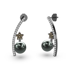 Lenta İnci Küpe - Siyah inci, swarovski ve dumanlı kuvars 925 ayar siyah rodyum kaplama gümüş küpe #1u8njxq