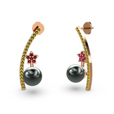 Lenta İnci Küpe - Siyah inci, peridot ve rodolit garnet 14 ayar rose altın küpe #1ulouxl