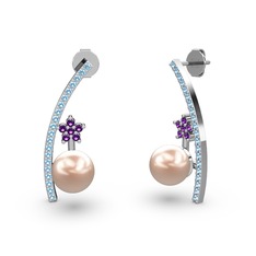 Lenta İnci Küpe - Pembe inci, akuamarin ve ametist 18 ayar beyaz altın küpe #1unodlm