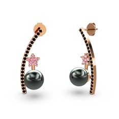 Lenta İnci Küpe - Siyah inci, siyah zirkon ve pembe kuvars 8 ayar rose altın küpe #1uz2tg3