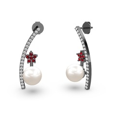 Lenta İnci Küpe - Inci, beyaz zirkon ve garnet 925 ayar siyah rodyum kaplama gümüş küpe #1v2graw