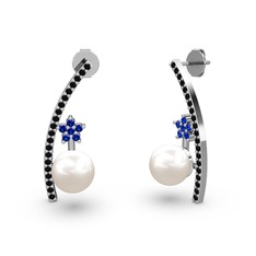 Lenta İnci Küpe - Inci, siyah zirkon ve lab safir 18 ayar beyaz altın küpe #1w4evc