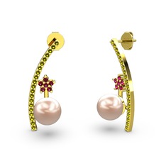 Pembe inci, peridot ve rodolit garnet 14 ayar altın küpe