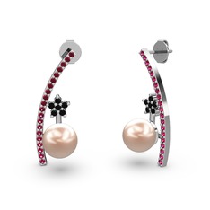 Lenta İnci Küpe - Pembe inci, rodolit garnet ve siyah zirkon 8 ayar beyaz altın küpe #1x50oyq