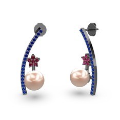 Lenta İnci Küpe - Pembe inci, lab safir ve rodolit garnet 925 ayar siyah rodyum kaplama gümüş küpe #1x7he3v