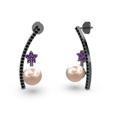 Lenta İnci Küpe - Pembe inci, siyah zirkon ve ametist 925 ayar siyah rodyum kaplama gümüş küpe #1xmiqwr