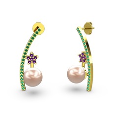 Pembe inci, yeşil kuvars ve ametist 14 ayar altın küpe