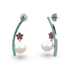 Lenta İnci Küpe - Inci, yeşil kuvars ve garnet 18 ayar beyaz altın küpe #1xxhir4