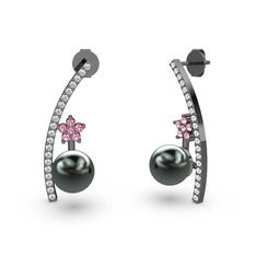 Lenta İnci Küpe - Siyah inci, swarovski ve pembe kuvars 925 ayar siyah rodyum kaplama gümüş küpe #1yyo993