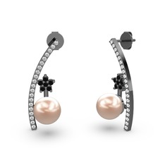 Lenta İnci Küpe - Pembe inci, swarovski ve siyah zirkon 925 ayar siyah rodyum kaplama gümüş küpe #2jlgie