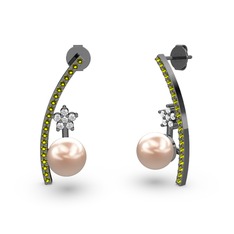 Lenta İnci Küpe - Pembe inci, peridot ve pırlanta 925 ayar siyah rodyum kaplama gümüş küpe (0.44 karat) #3h5zzs