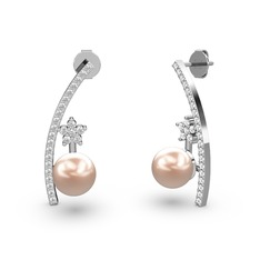 Lenta İnci Küpe - Pembe inci, pırlanta ve beyaz zirkon 18 ayar beyaz altın küpe (0.18 karat) #3j6fjj